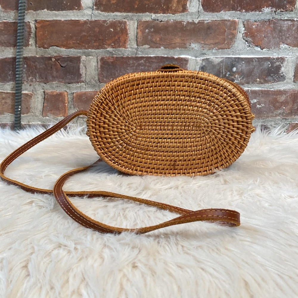 Oval Woven Rattan Bag with Long Leather Strap - Picture 3 of 16